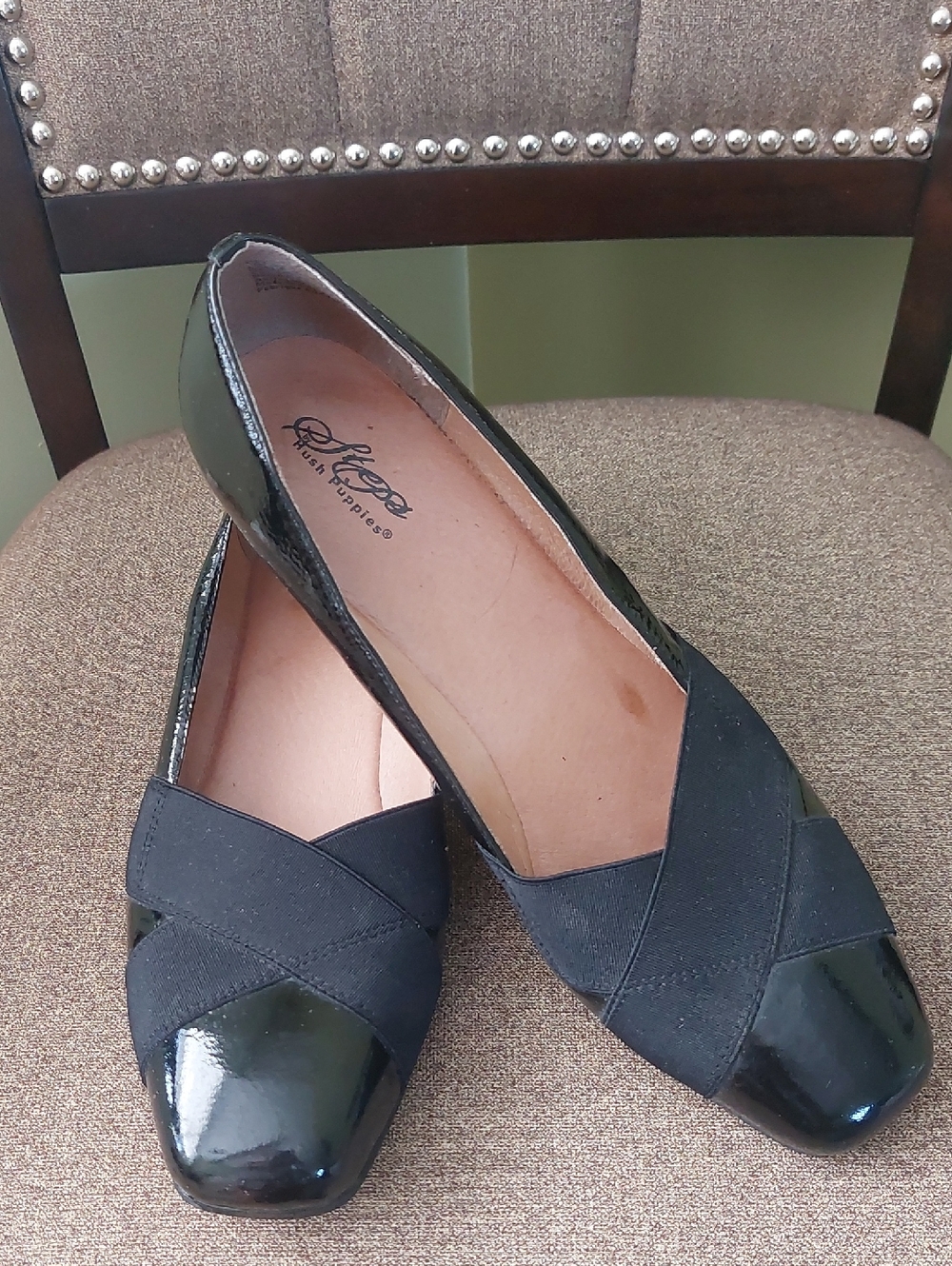 Hush Puppies Black Patent Cap-Toe Crossband Flats